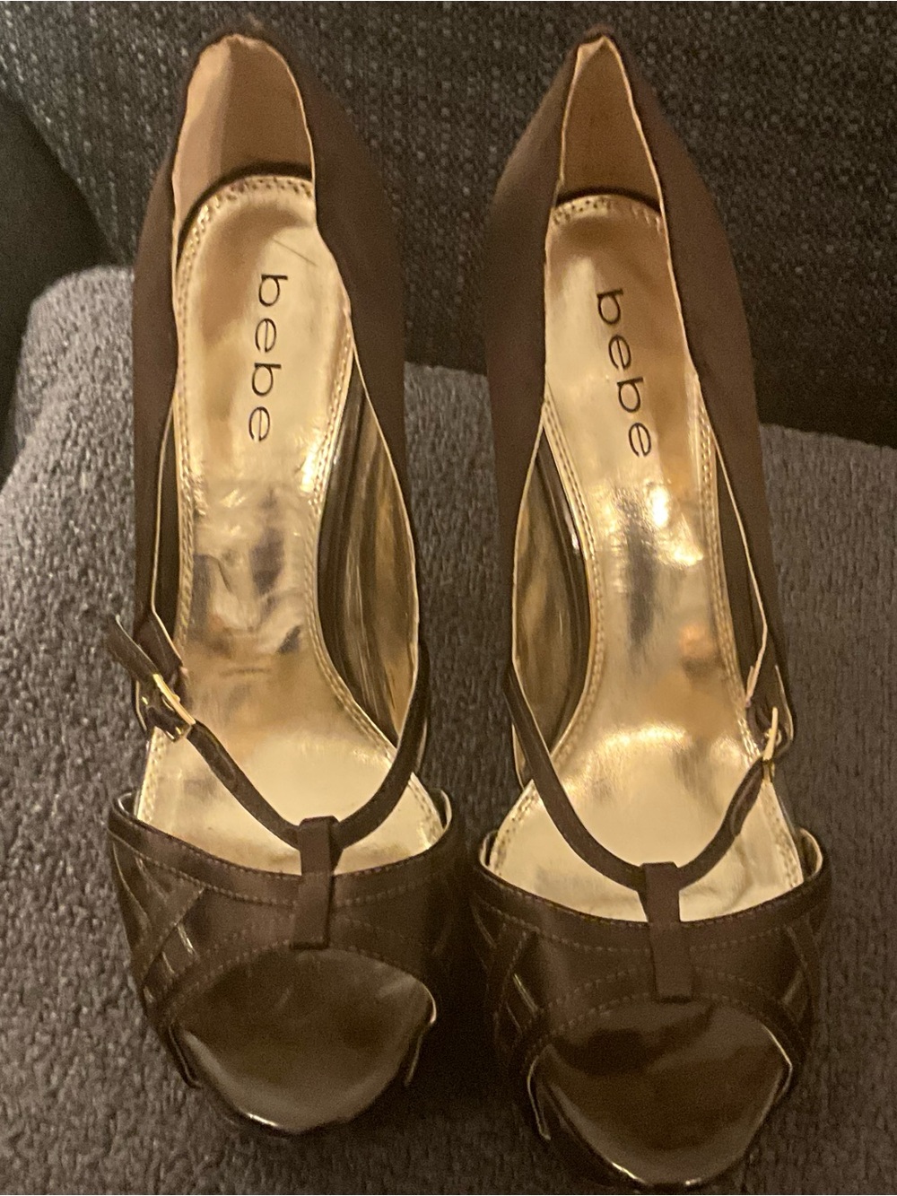 bebe Brown T-Strap Peep-Toe Heels with Gold Insole